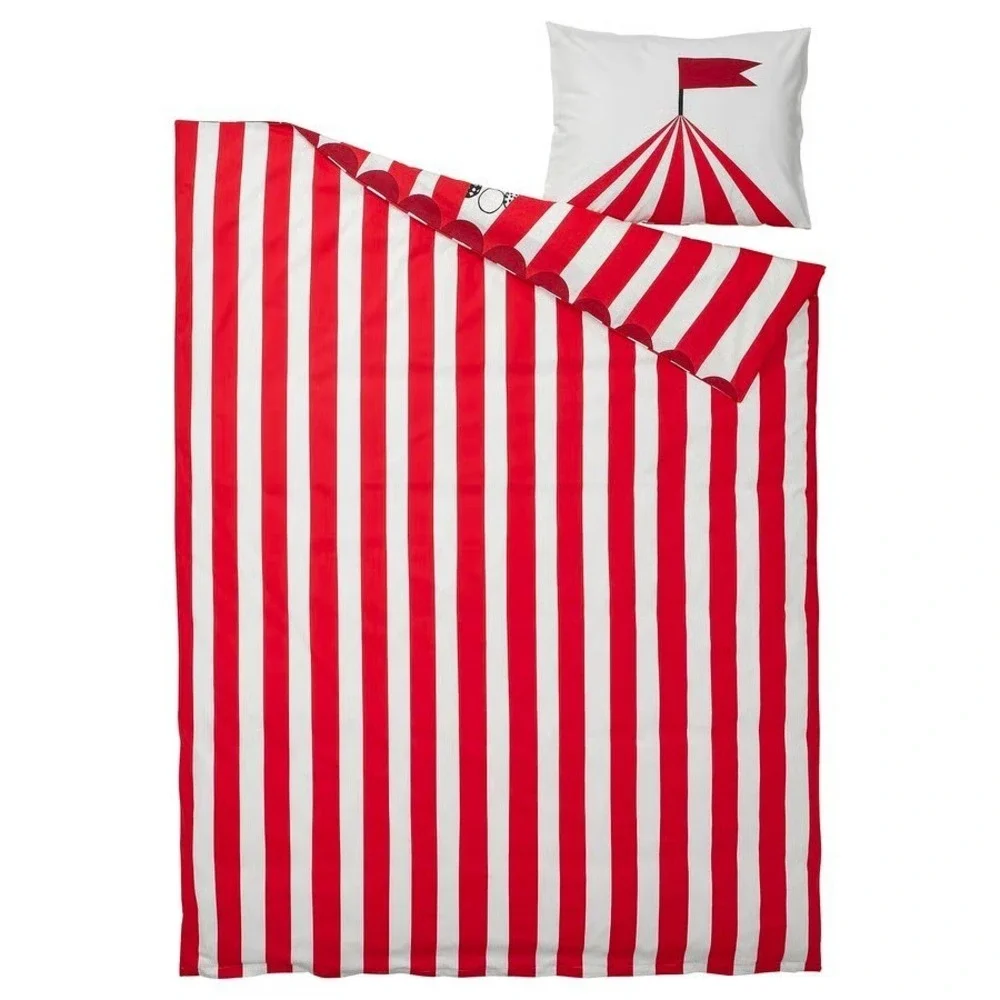 Ikea BUSENKEL Twin Duvet Cover and Pillowcase Circus Pattern Red/White New
